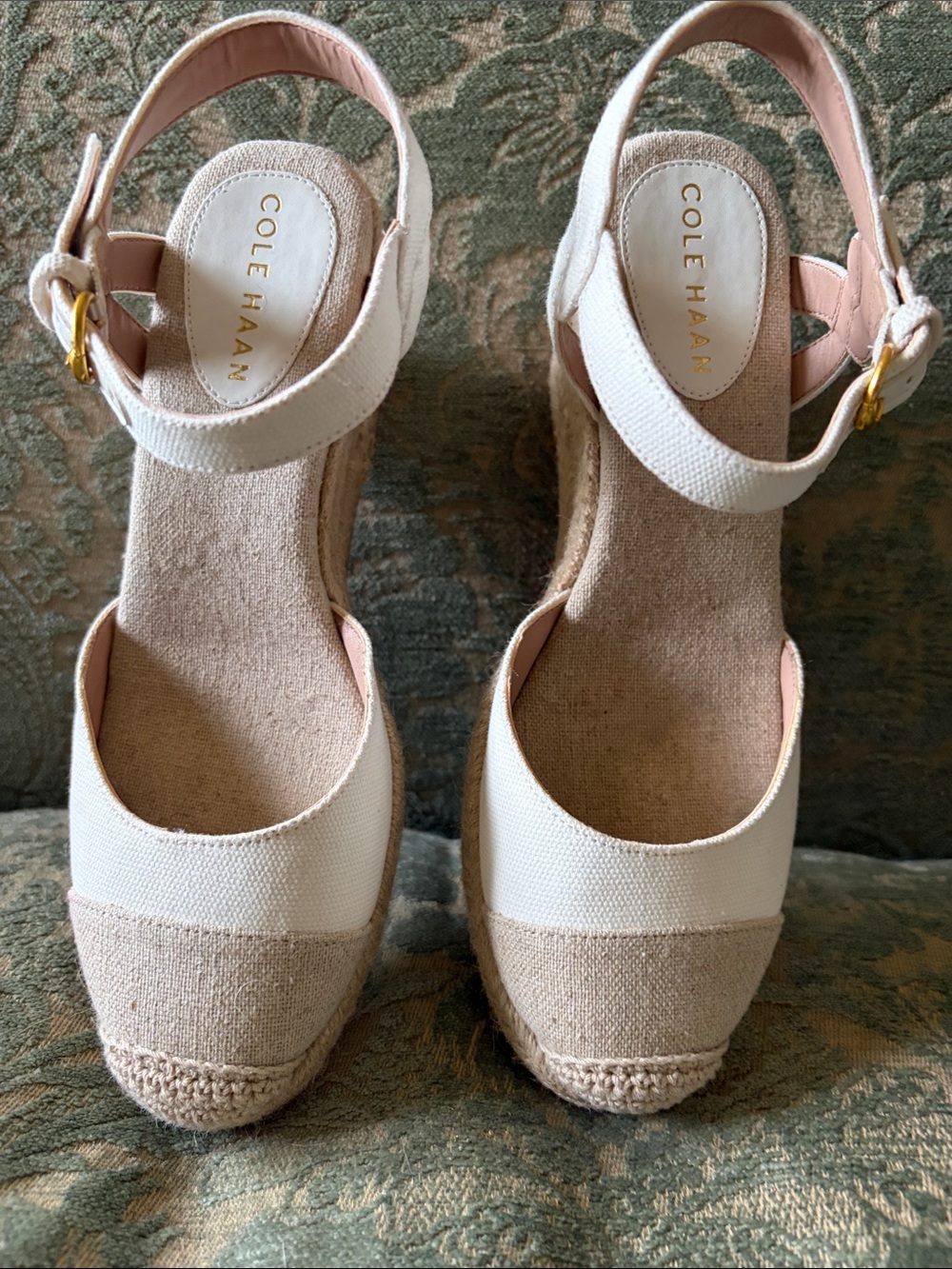 Cole Haan Cream and Tan Canvas Espadrille Wedge Sandals